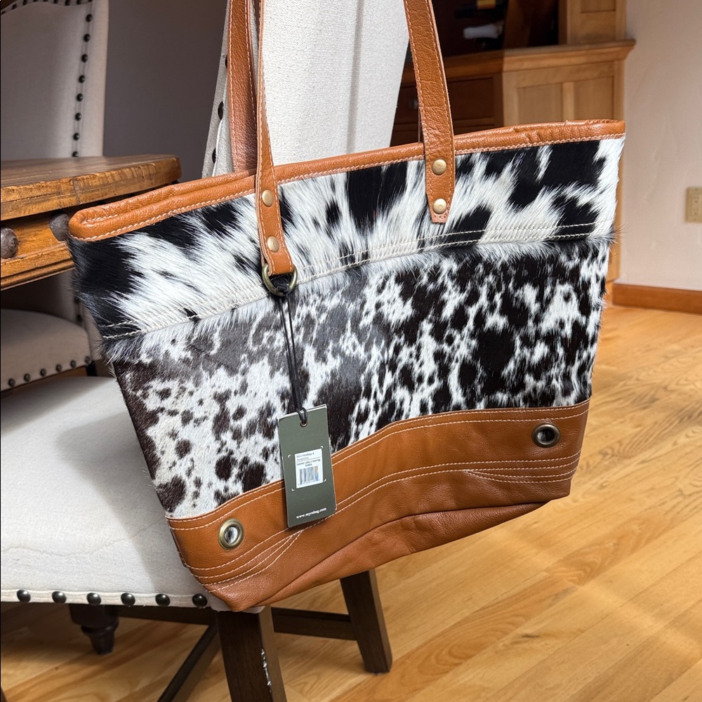 Myra Bag Black and Brown Cowhide Tote